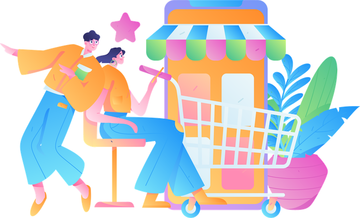 Personnes faisant des achats sur mobile  Illustration