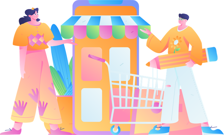 Personnes faisant des achats sur mobile  Illustration