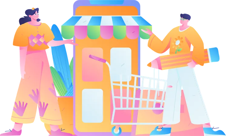 Personnes faisant des achats sur mobile  Illustration