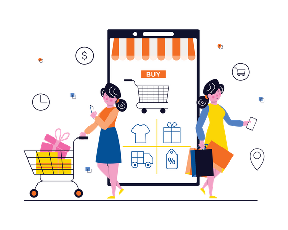 Personnes faisant des achats sur mobile  Illustration