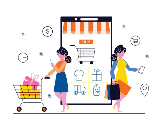 Personnes faisant des achats sur mobile  Illustration