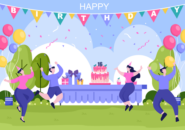 Les gens font une fête d'anniversaire  Illustration