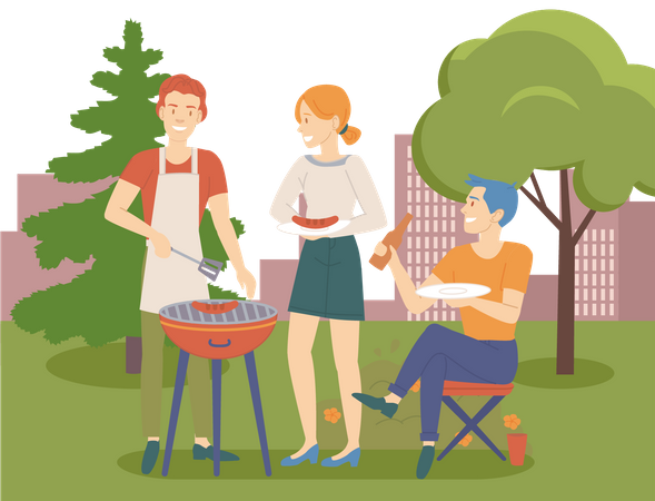 Les gens grillent de la viande au barbecue  Illustration