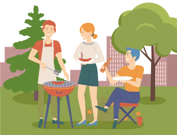 Les gens grillent de la viande au barbecue  Illustration