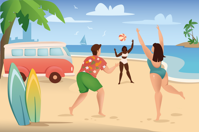 Gens jouant au beach-volley  Illustration