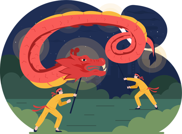 Gens jouant avec un dragon chinois  Illustration