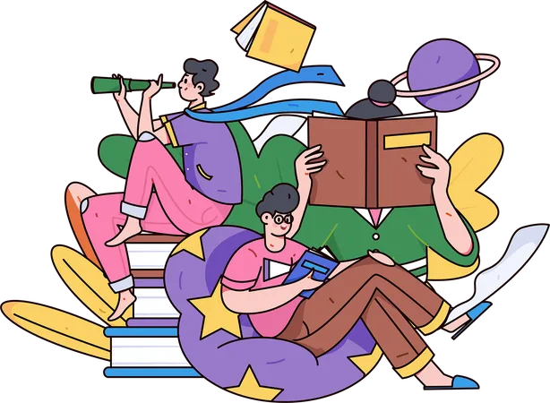 Gens lisant des livres dans la bibliothèque  Illustration