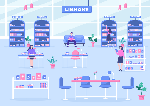 Gens lisant des livres dans la bibliothèque  Illustration