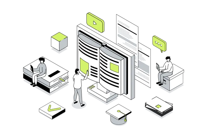 Personnes lisant des livres électroniques et des manuels numériques  Illustration