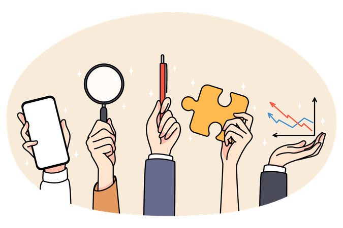 Mains de personnes tenant des fournitures de bureau  Illustration