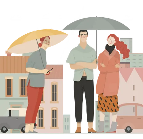 Gens marchant sous la pluie tenant un parapluie  Illustration