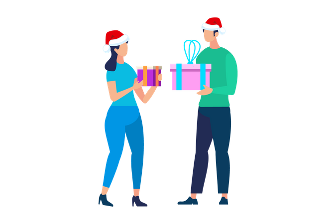 Personnages de personnes dans les chapeaux du Père Noël échangeant des cadeaux  Illustration