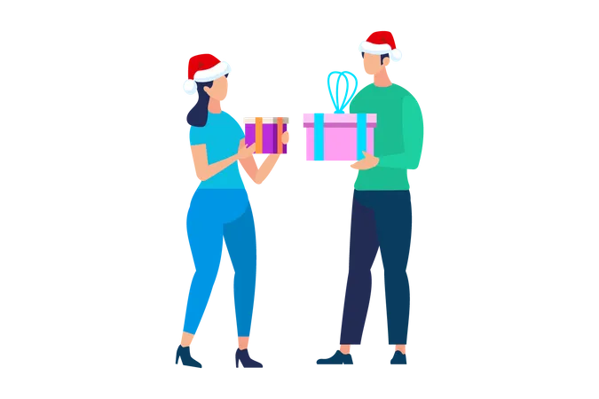 Personnages de personnes dans les chapeaux du Père Noël échangeant des cadeaux  Illustration