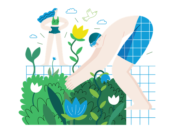 Les gens plantent autour de la piscine  Illustration