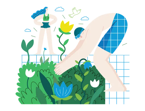 Les gens plantent autour de la piscine  Illustration