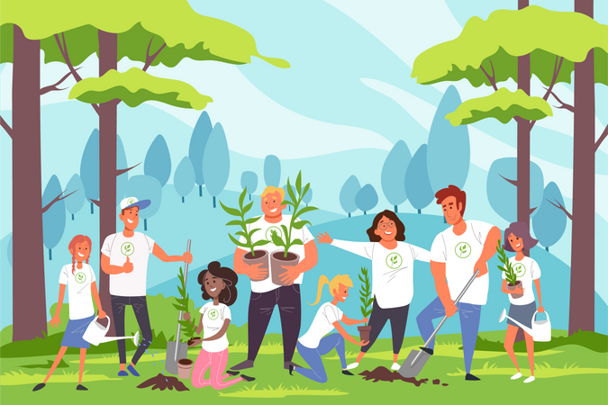 Gens plantant des arbres dans la forêt  Illustration