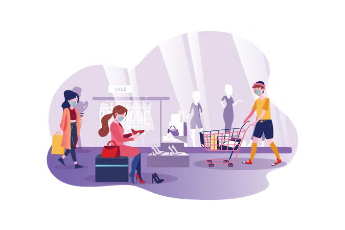 Personnes portant un masque et faisant du shopping dans le centre commercial  Illustration