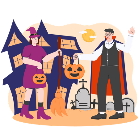 Personnes transportant de la citrouille à la fête d'Halloween  Illustration