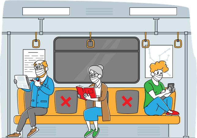 Personnes prenant le métro pendant la pandémie de Covid19  Illustration