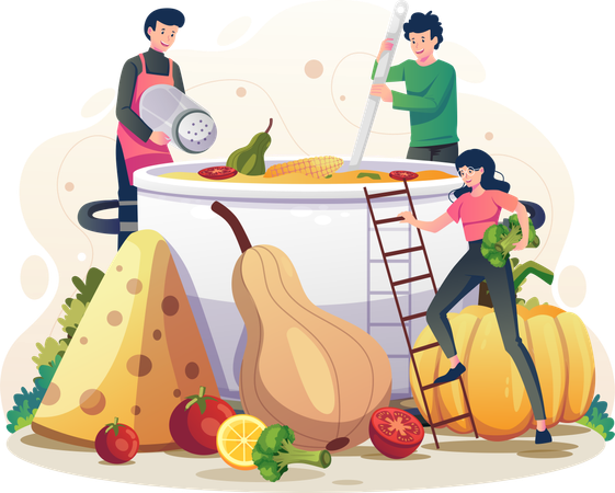 Personnes préparant et cuisinant des plats pour les vacances de Thanksgiving  Illustration