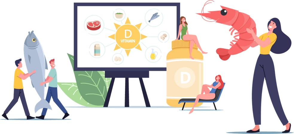 Personnes présentant des sources de fruits de mer en vitamine D  Illustration