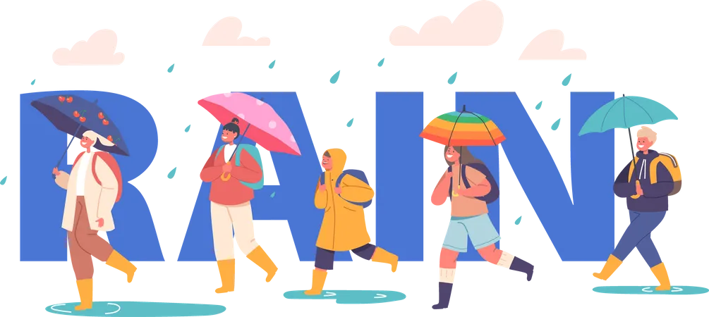 Les gens profitent de la pluie  Illustration