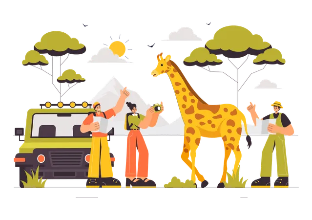 Des gens profitant d'un safari animalier  Illustration