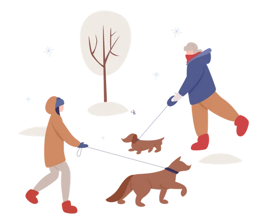 Personnes promenant des animaux de compagnie pendant la saison hivernale  Illustration