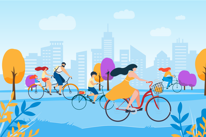 Gens faisant du vélo dans la rue  Illustration