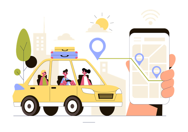 Les gens réservent un taxi en ligne  Illustration