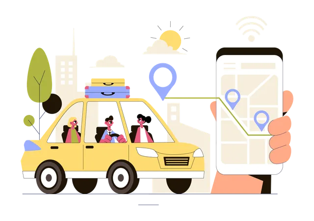 Les gens réservent un taxi en ligne  Illustration