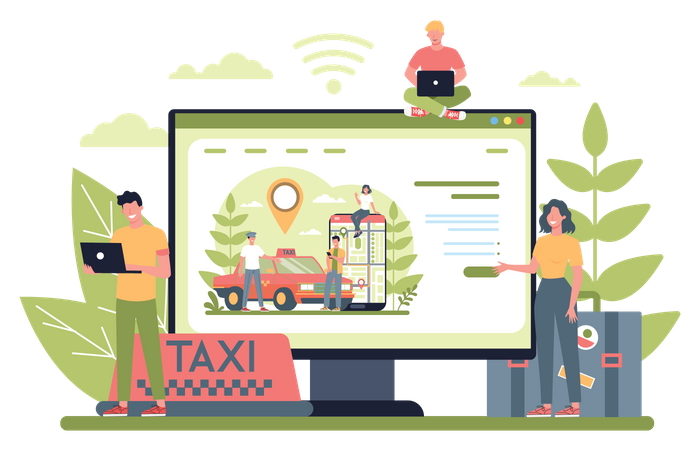 Personnes réservant un taxi en ligne  Illustration