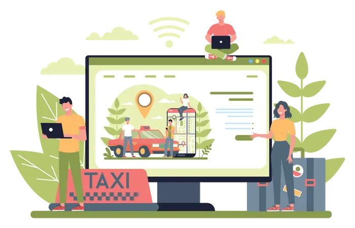 Personnes réservant un taxi en ligne  Illustration