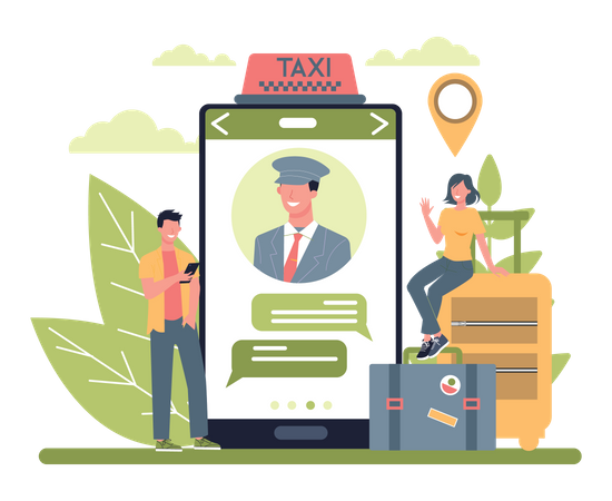 Personnes réservant un taxi via une application mobile  Illustration