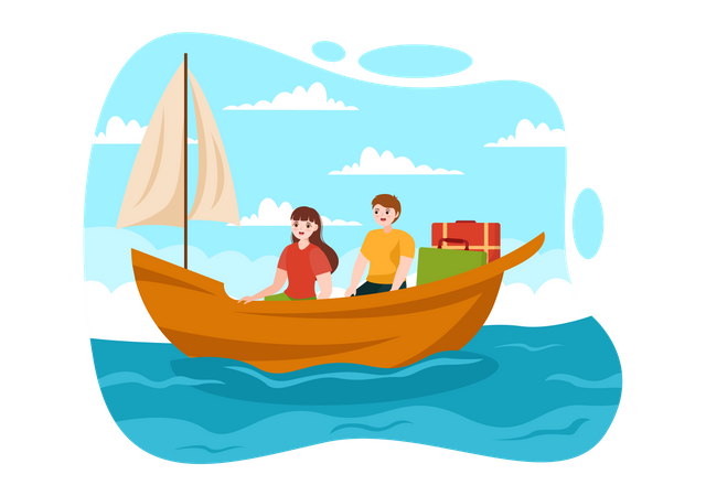 Personnes se déplaçant par bateau  Illustration