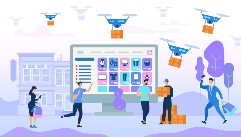 Achat People Shopping et livraison par drone sur plateforme sociale  Illustration