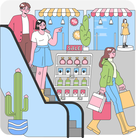 Gens faisant du shopping dans un centre commercial  Illustration