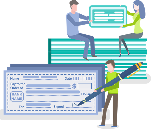Personnes signant un chèque avec un stylo  Illustration
