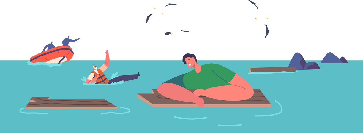 Personnes souffrant d’un naufrage nageant sur l’eau  Illustration
