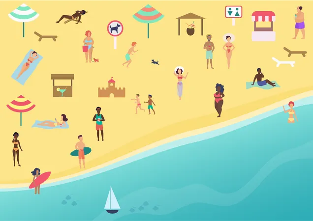 Gens sur la plage d’été  Illustration