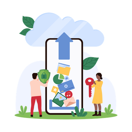 Les personnes téléchargent des données vers un stockage cloud  Illustration