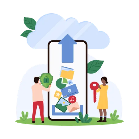 Les personnes téléchargent des données vers un stockage cloud  Illustration