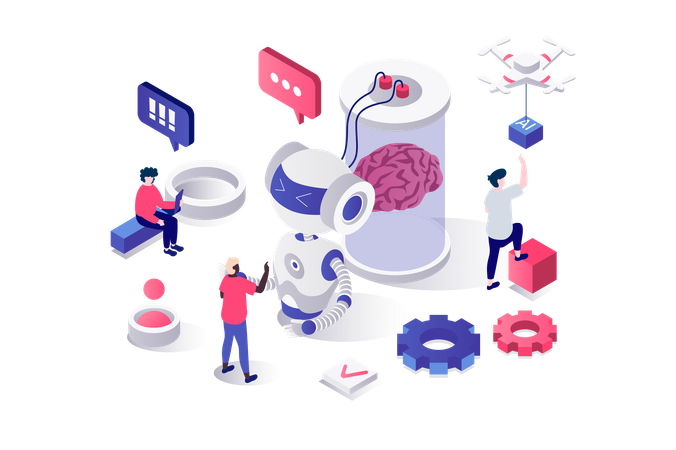 Les personnes travaillant avec la technologie de l'IA et des robots  Illustration