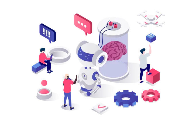 Les personnes travaillant avec la technologie de l'IA et des robots  Illustration