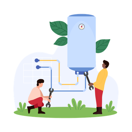 Personnes travaillant avec une chaudière à eau électrique  Illustration
