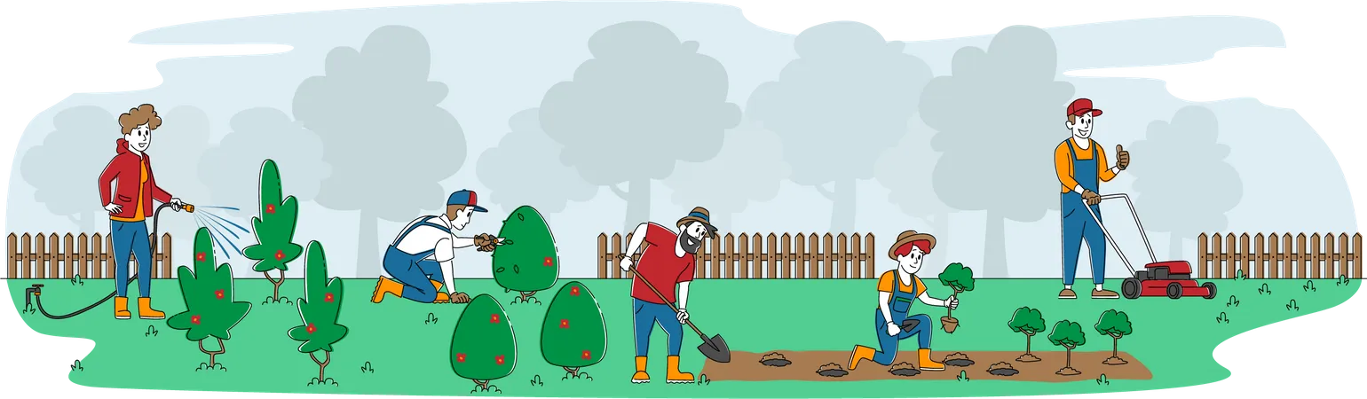 Personnes travaillant dans le jardin  Illustration