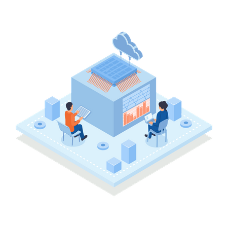 Personnes travaillant sur des ordinateurs connectés au circuit intégré et au cloud  Illustration