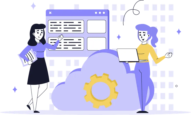 Personnes travaillant sur la configuration du cloud  Illustration