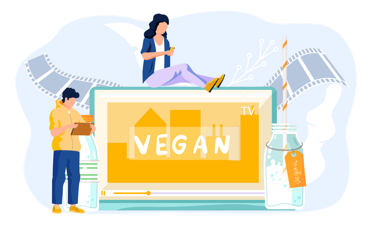 Personnes travaillant sur le lait végétalien  Illustration