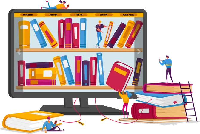 Personnes utilisant la bibliothèque en ligne  Illustration